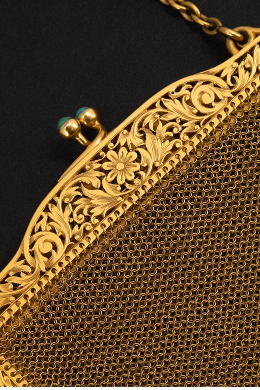 独角鹿西洋古董 19世纪末法国出品花叶纹镂雕18K黄金镶嵌钻石及绿松石网状编织晚宴包 商品图5