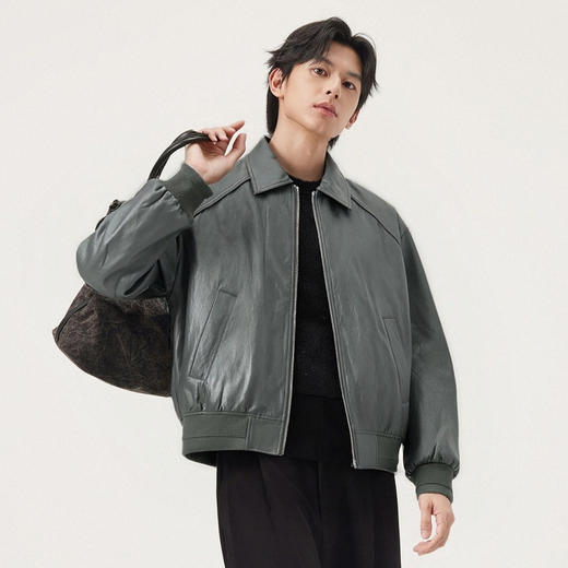 gxg.jeans男装 深绿色pu皮时尚宽松美式翻领夹克外套 25年冬 商品图1