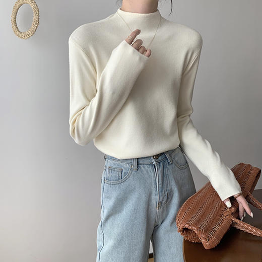 羊毛打底衫 秋冬天鹅绒T恤日系休闲简约显白显瘦温柔小立领长袖针织衫女春季通勤毛衣内搭 商品图12