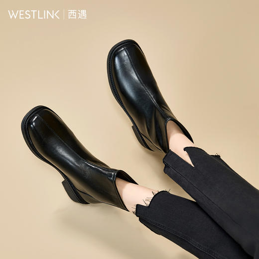 西遇粗跟瘦瘦靴女新款秋冬舒适中跟通勤单靴子圆头黑色短靴V2257254 商品图2