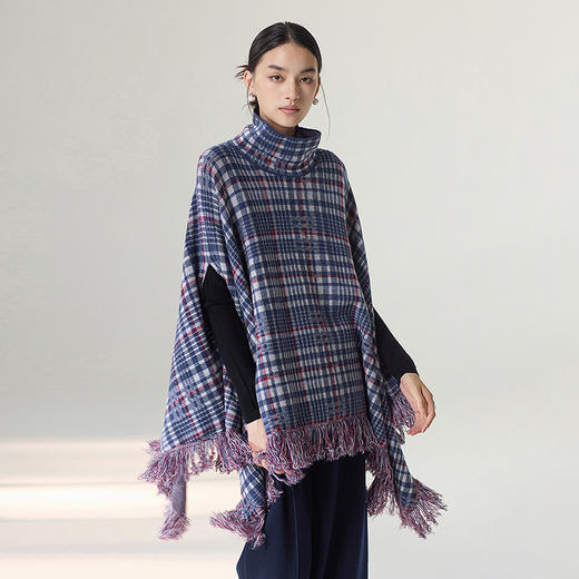 【林栖设计小店】格纹毛织披肩复古气质宽松高领2025秋冬新款流苏斗篷上衣2954006 商品图1
