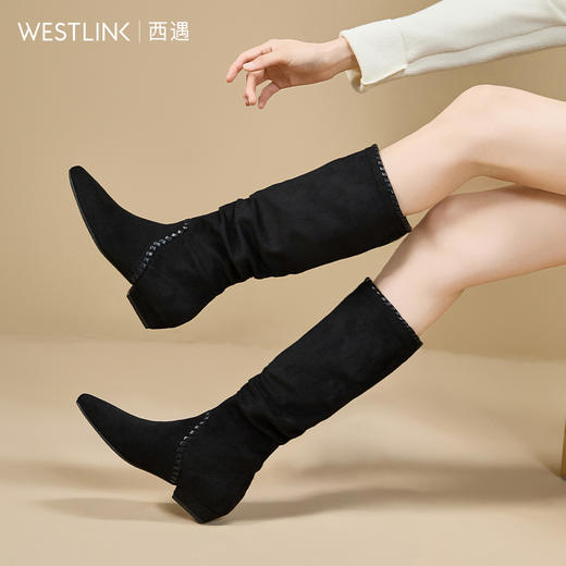 西遇复古堆堆靴女新款秋冬绒面西部牛仔靴低跟不过膝高筒长靴V2257265 商品图1