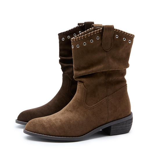 西遇V口西部牛仔靴女新款秋冬复古铆钉绒面堆堆靴黑色短靴子V2257266 商品图4