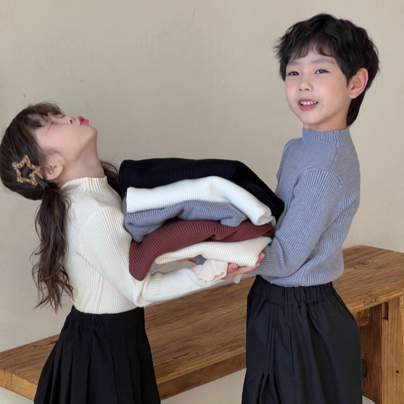 【终于等到现货‼️69.9/2件】儿童秋冬季打底衫半高领毛衣针织纯色弹力男女童上衣百搭简约韩版聚