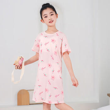 红豆女童睡裙纯棉春夏季薄款家居服儿童短袖套头睡衣A类Q3320粉色140 商品图6