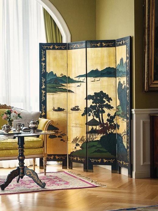 【已售】独角鹿西洋古董 20世纪中国出品传统山水亭台主题金地款彩雕漆双面四曲屏风 商品图2