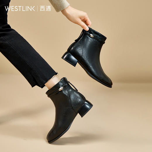 西遇黑色短靴女2025新款秋冬洋气百搭配裙子圆头马丁靴粗跟瘦瘦靴V2257252 商品图3