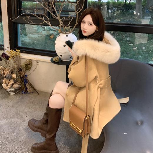 现货【白桃奶酪】高定款羊驼绒大衣时髦戴帽超大狐狸毛领双面呢 商品图4