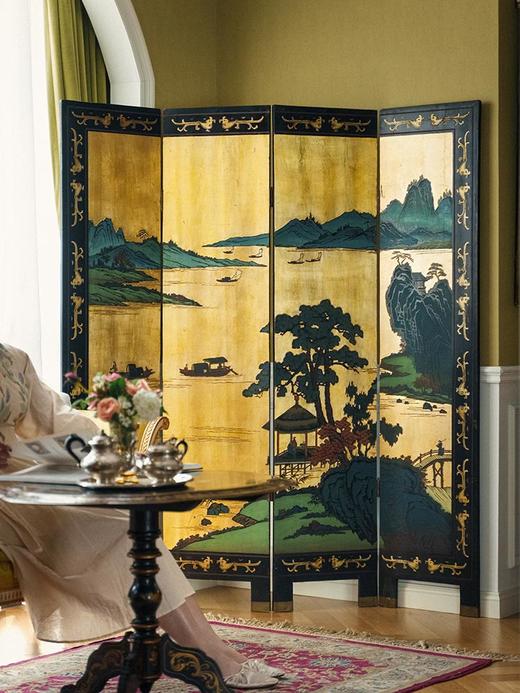 【已售】独角鹿西洋古董 20世纪中国出品传统山水亭台主题金地款彩雕漆双面四曲屏风 商品图1