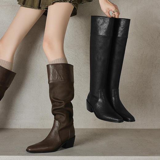 【预售7天】巨显腿瘦~方头褶皱骑士靴女秋冬复古粗中跟长筒靴KYD&KK13240 商品图0