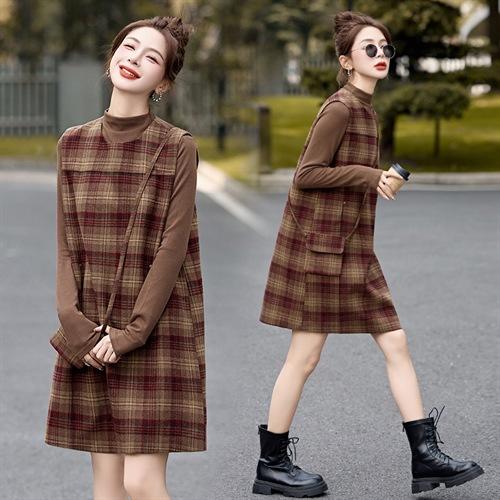 时尚毛呢格子，加厚打底两件套背心裙HR-LNS9726 商品图2