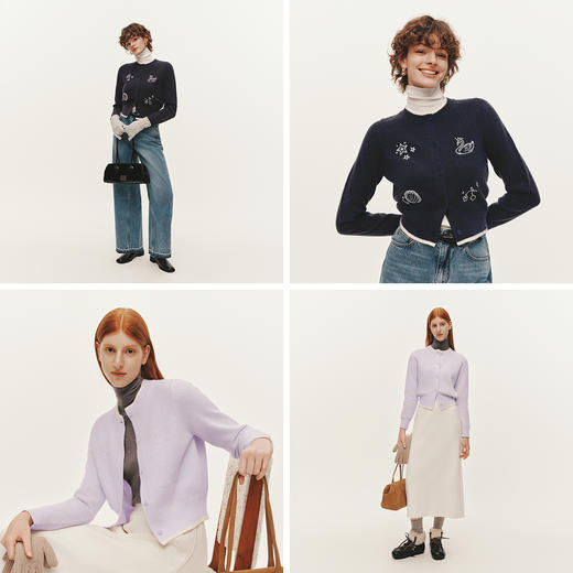 森马针织开衫女冬季短款绣花图案假两件正肩2025新款叠穿小众上衣 商品图1