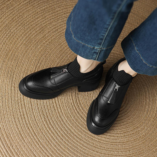 【预售5天】超轻复古风前拉链真皮针织，高跟粗跟英伦风小皮鞋单鞋DPJ&6155 商品图3