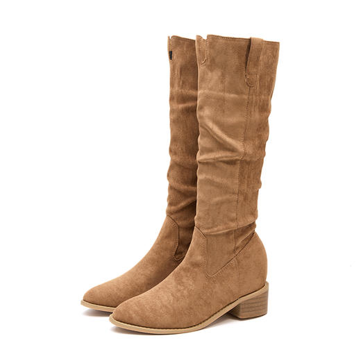 西遇高筒西部牛仔靴女新款秋冬内增高褶皱堆堆靴美拉德长筒靴V2257225 商品图4