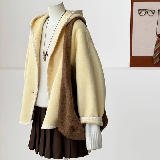 【甜暖霜馨】2025新款韩系小个子连帽包边设计款百搭短款羊毛大衣！ 商品图1