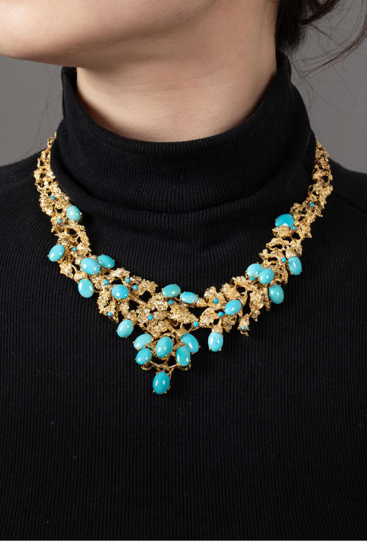 独角鹿西洋古董 1970年代法国出品花叶藤蔓造型18K黄金镶嵌绿松石项链 商品图1