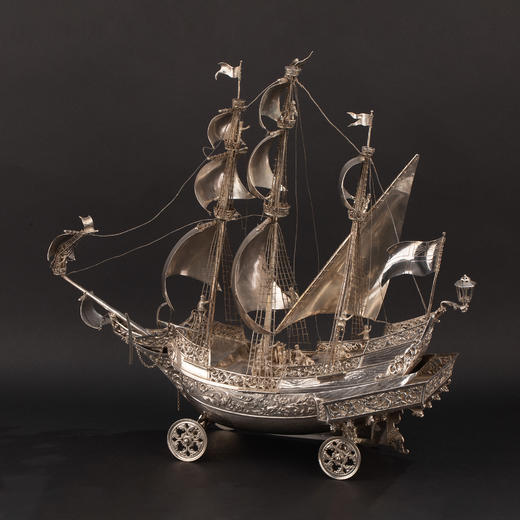独角鹿西洋古董 1927年德国出品纯银精雕帆船摆件 商品图1