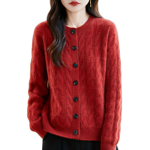 丁摩 纯羊毛开衫女圆领百搭毛衣扭花外套QT1-G093 商品图4