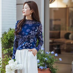 【林栖设计小店】（现货）印花T恤多色传统蓝印花纹修身显瘦2026春季新款长袖上衣T1961058