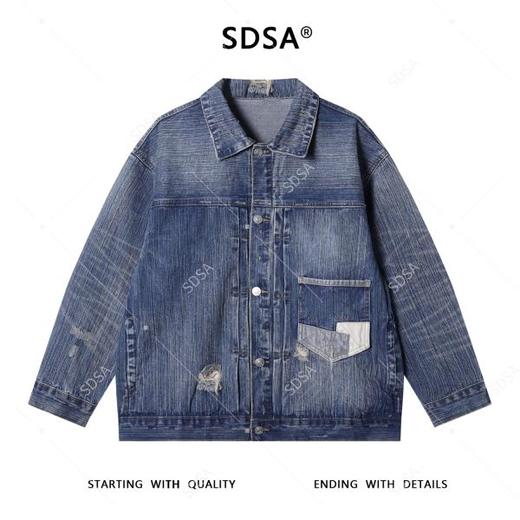 SDSA男士秋冬新款痞帅男装美式设计感口袋磨破翻领牛仔夹克外套 商品图0