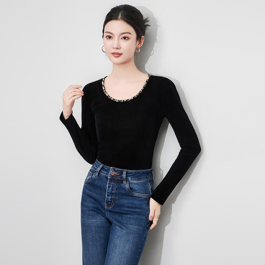 「高货wl」全新升级【铂金会员220/天猫299/差价79】(45536)洛诗琳手工钉珠丝绒打底衫2025秋冬后背蕾丝刺绣拼接上衣 商品图0