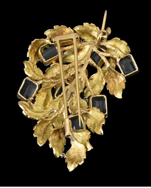 独角鹿西洋古董 1950年代法国出品叶片造型18K黄金镶嵌海蓝宝石及钻石胸针 商品图4