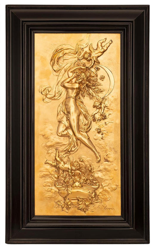 【已售】独角鹿西洋古董 19世纪意大利艺术家Karl Sterrer签名创作铜鎏金浮雕装饰画《日与夜》 商品图1