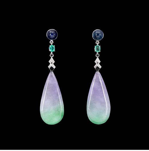 独角鹿西洋古董 1950年代法国出品装饰艺术风格水滴造型铂金镶嵌春带彩翡翠蓝宝石祖母绿钻石及珐琅耳环一对 商品图0