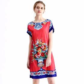 仅一件！【低价清仓】复古花瓶图案重磅桑蚕丝落肩宽松连衣裙ZFYY022