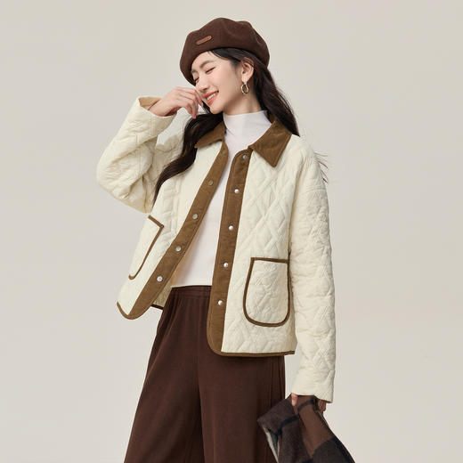 【年货节】熙世界轻薄菱格羽绒棉服女2025秋冬款宽松休闲巴恩风撞色翻领外套 商品图4