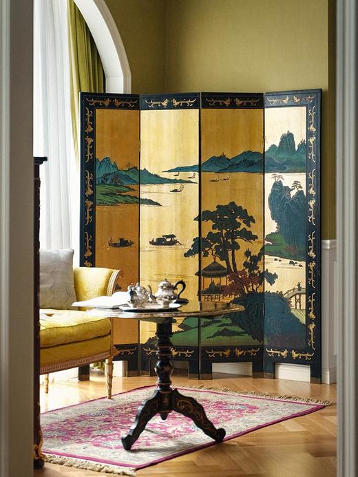 【已售】独角鹿西洋古董 20世纪中国出品传统山水亭台主题金地款彩雕漆双面四曲屏风 商品图0