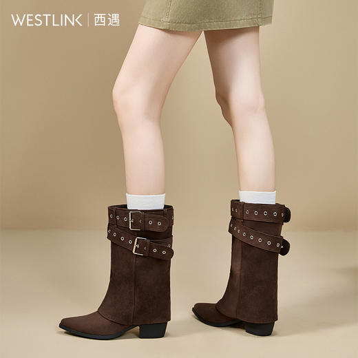 西遇尖头裤管靴女新款秋冬辣妹美拉德西部牛仔靴粗跟中筒靴子V2257242/V2257222 商品图3