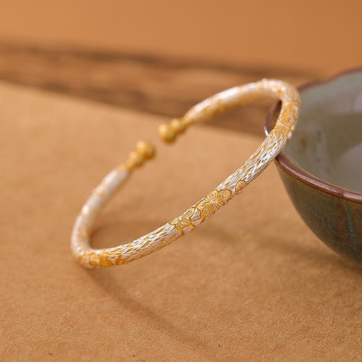 S999.9足银描金葫芦樱花开口，新中式银手镯CW-SZ02055 商品图0