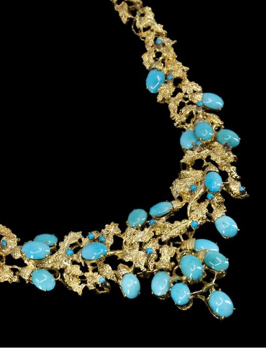 独角鹿西洋古董 1970年代法国出品花叶藤蔓造型18K黄金镶嵌绿松石项链 商品图2