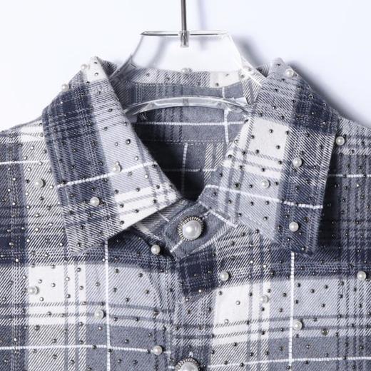 SDSA秋冬新款痞帅男装撞色烫钻珠子长袖衬衫百搭宽松格纹时尚上衣 商品图2