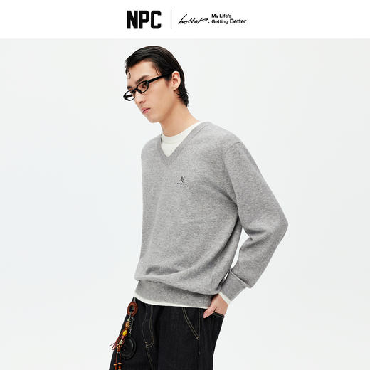 NPC潮牌【青花鹤福】系列撞色假二件圆领针织毛衣百搭慵懒NP59SW02 商品图0