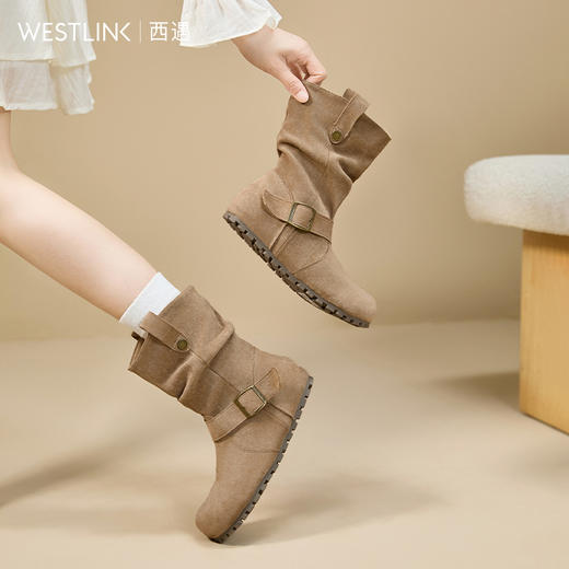 西遇平底勃肯靴女新款秋冬复古丑萌V口西部牛仔靴圆头短靴子V2257216 商品图1