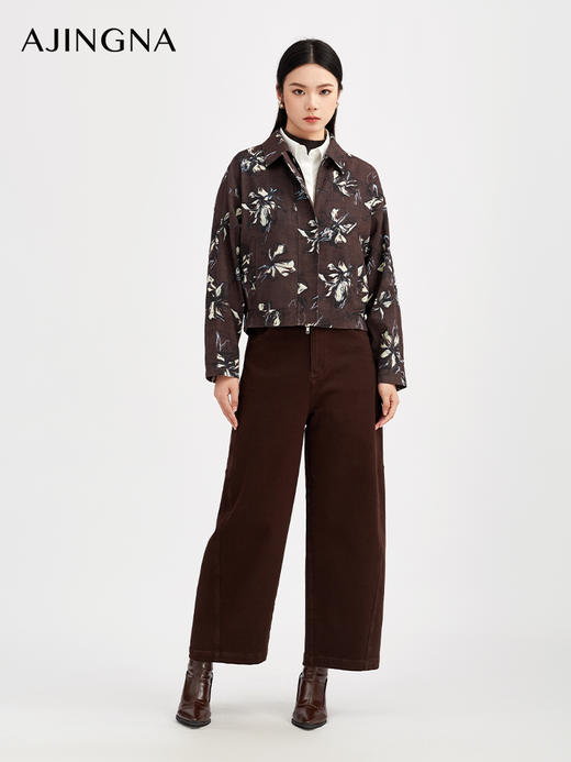 【商场同款】阿菁娜秋季新款印花亚麻夹克复古巴恩风翻领短外套立体袖型设计双拉链凹造型A30Q107005 商品图3