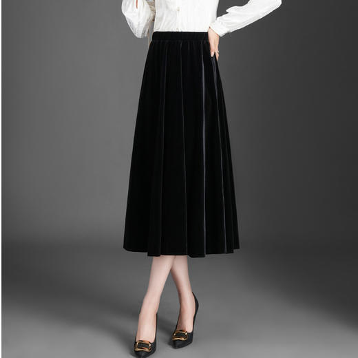 MYX金丝绒垂感百褶大摆裙2025冬款显瘦黑色时尚半身裙松紧腰休闲长裙 商品图0