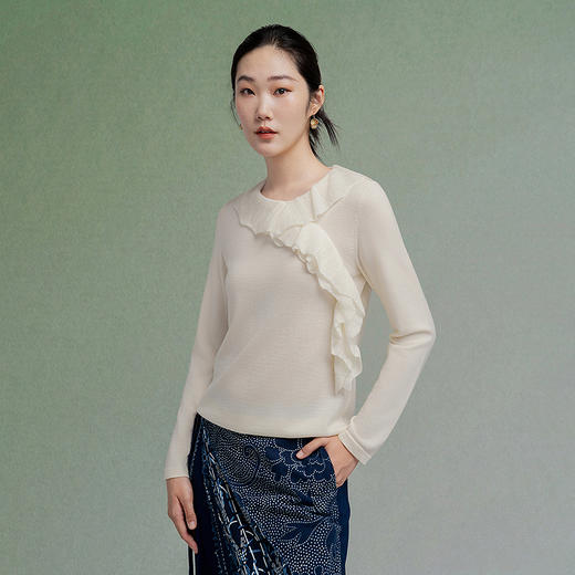 【林栖设计小店】绵羊毛织上衣修身荷叶边气质长袖2025秋冬新款套头毛衣女1954039 商品图0