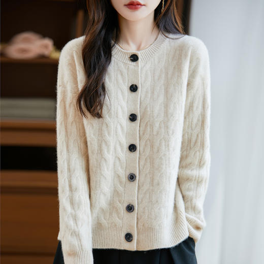 丁摩 纯羊毛开衫女圆领百搭毛衣扭花外套QT1-G093 商品图1