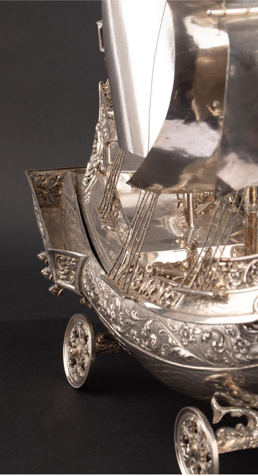 独角鹿西洋古董 1927年德国出品纯银精雕帆船摆件 商品图6