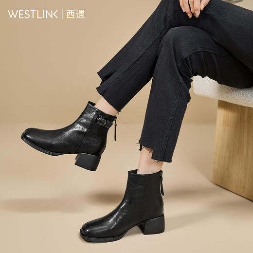 西遇粗跟短靴女新款秋冬高跟鞋皮带扣法式百搭黑色圆头瘦瘦靴V2257251 商品图2