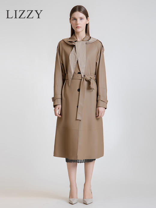 LIZZY 秋季绵羊皮翻领单排扣风衣外套(可脱卸帽)7456 商品图1