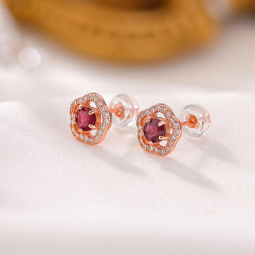【梅花春雪】S925纯银碧玺镀玫瑰金梅花圆珠耳钉【CW-ED04235】 商品图2