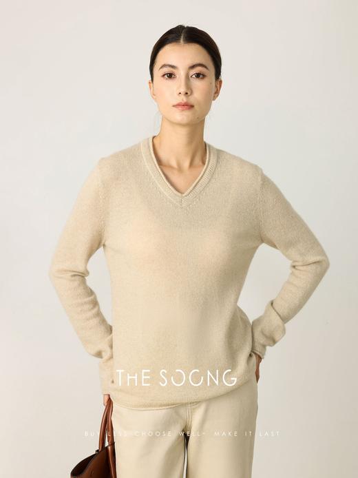 THESOONG| 秋冬100%羊绒26支卷边V领保暖长袖套头毛衣女HWMY7918 商品图1