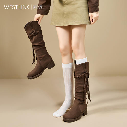 西遇长筒西部牛仔靴女新款秋冬美拉德堆堆靴粗跟不过膝长靴V2257260 商品图3