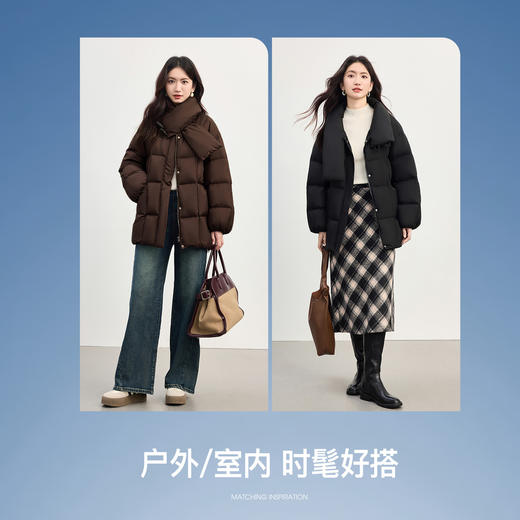 【周末秒杀】熙世界围巾领面包羽绒服女冬季连帽黑色防风牛角扣保暖鸭绒短外套 商品图2