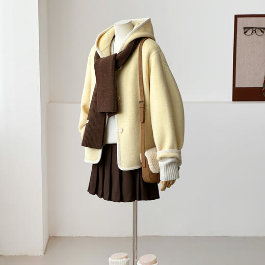 【甜暖霜馨】2025新款韩系小个子连帽包边设计款百搭短款羊毛大衣！ 商品图0