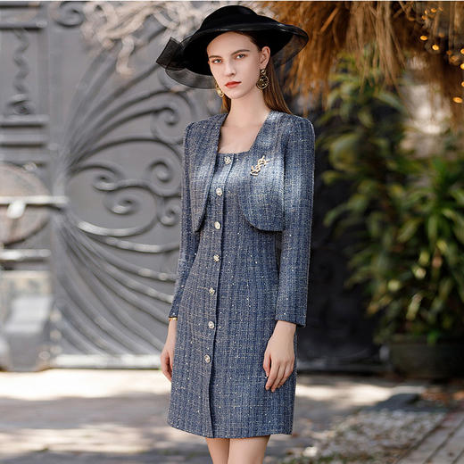 IWY/牛仔蓝高端职业连衣裙套装新款女神范小香风粗花呢西服外套C1904+Q1025 商品图4